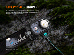 Fenix HL45R rechargeable headlamp with focusing lens and gesture-sensing technology, worn on a user's head for hands-free lighting.