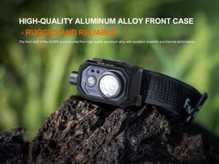 Fenix HL45R rechargeable headlamp with focusing and gesture-sensing features, shown with adjustable strap and bright LED light.