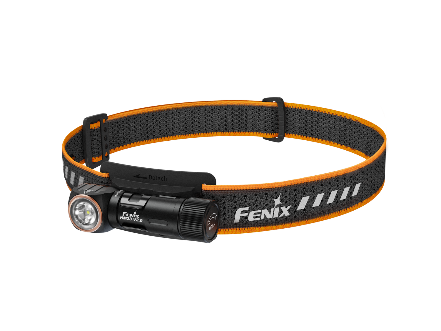 Fenix HM23 V2.0 lightweight headlamp with detachable AA batteries, adjustable strap, and bright LED light for outdoor activities.