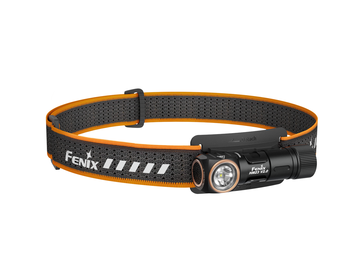 Fenix HM23 V2.0 lightweight detachable AA headlamp with adjustable strap and bright LED light for outdoor activities.