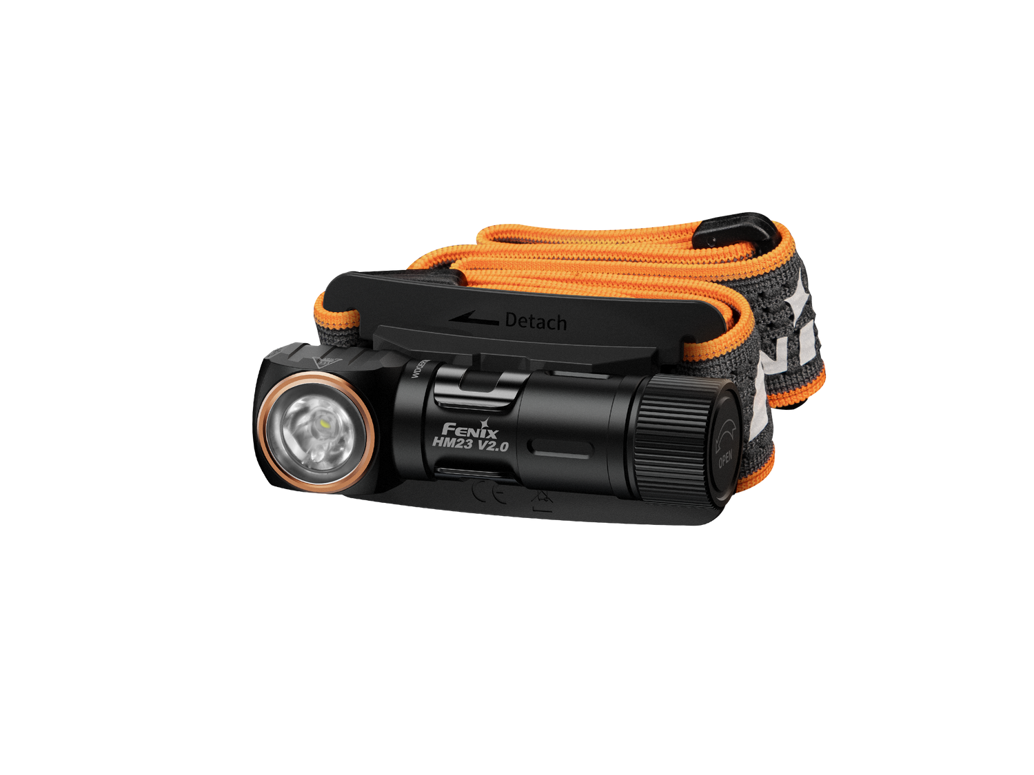 Fenix HM23 V2.0 lightweight detachable AA headlamp with adjustable strap and bright LED light for outdoor activities.