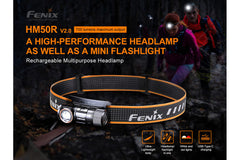 Fenix HM50R V2.0 LED headlamp with 700 lumens, adjustable strap, and durable design for outdoor activities and hands-free lighting.