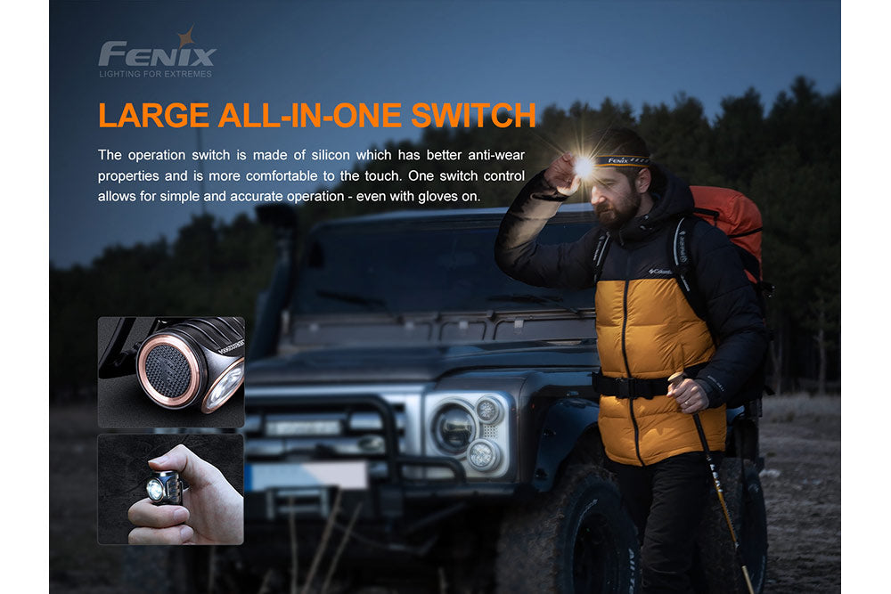 Fenix HM50R V2.0 LED headlamp with 700 lumens, adjustable straps, and compact design for outdoor and hands-free lighting.