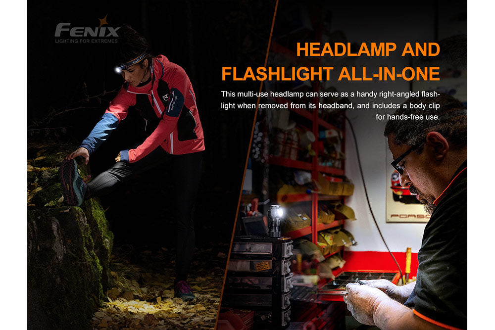 Fenix HM50R V2.0 LED headlamp showing adjustable strap and bright front light with 700 lumens for outdoor activities