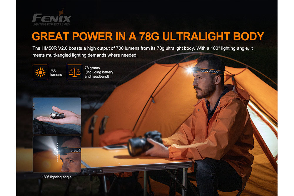Fenix HM50R V2.0 LED headlamp with 700 lumens, adjustable strap, and durable design for outdoor activities and hands-free lighting.