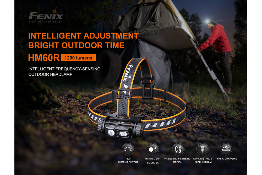 Fenix HM60R outdoor LED headlamp with 1200 lumens, adjustable straps, and durable design for outdoor activities and camping.