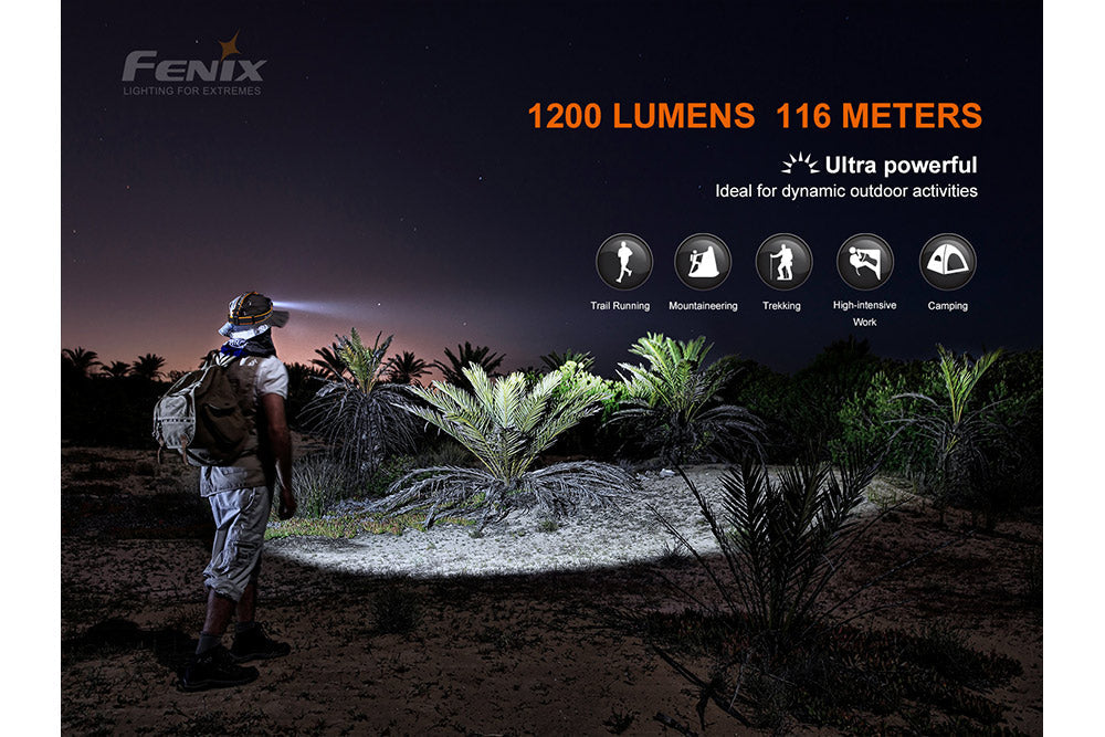 Fenix HM60R outdoor LED headlamp with 1200 lumens, adjustable strap, and durable design for outdoor activities and nighttime use.