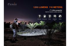 Fenix HM60R outdoor LED headlamp with 1200 lumens, adjustable strap, and durable design for outdoor activities and nighttime use.