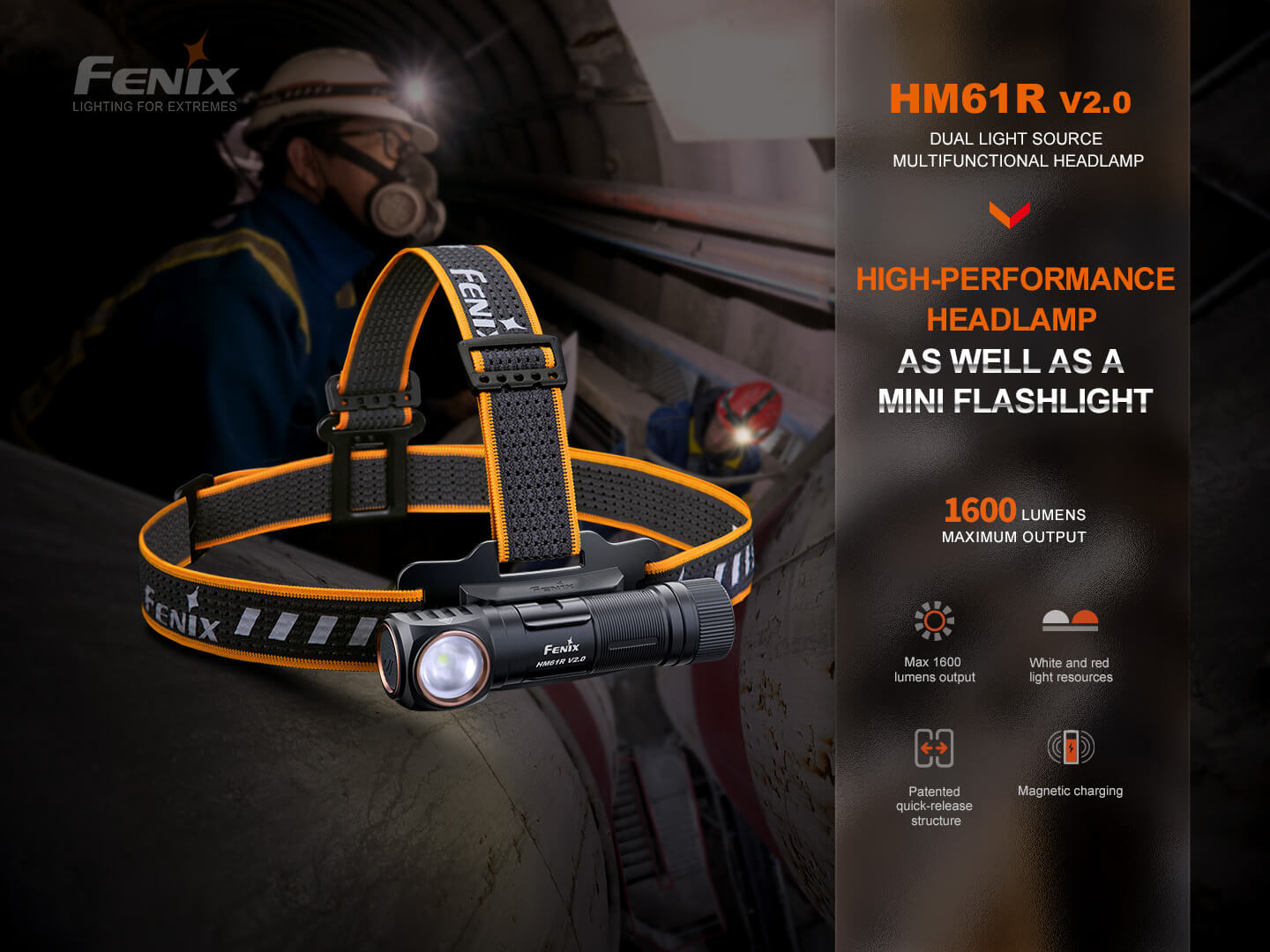 Fenix HM61R V2 rechargeable LED headlamp with 1600 Lumens, black headlamp with adjustable strap and high beam light.