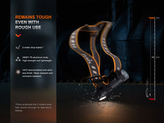 Fenix HM61R V2 rechargeable LED headlamp with 1600 lumens, black headband and adjustable strap, bright outdoor lighting.