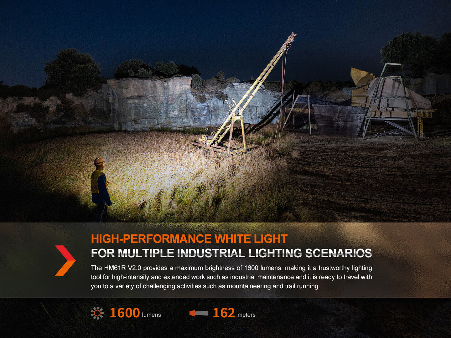 Fenix HM61R V2 rechargeable LED headlamp with 1600 lumens, adjustable strap, and bright white light for outdoor activities.