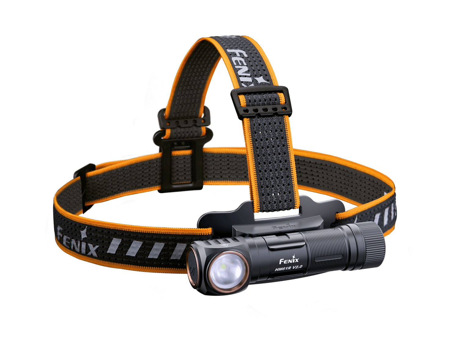 Fenix HM61R V2 rechargeable LED headlamp with 1600 lumens, black headband and adjustable straps, suitable for outdoor activities.