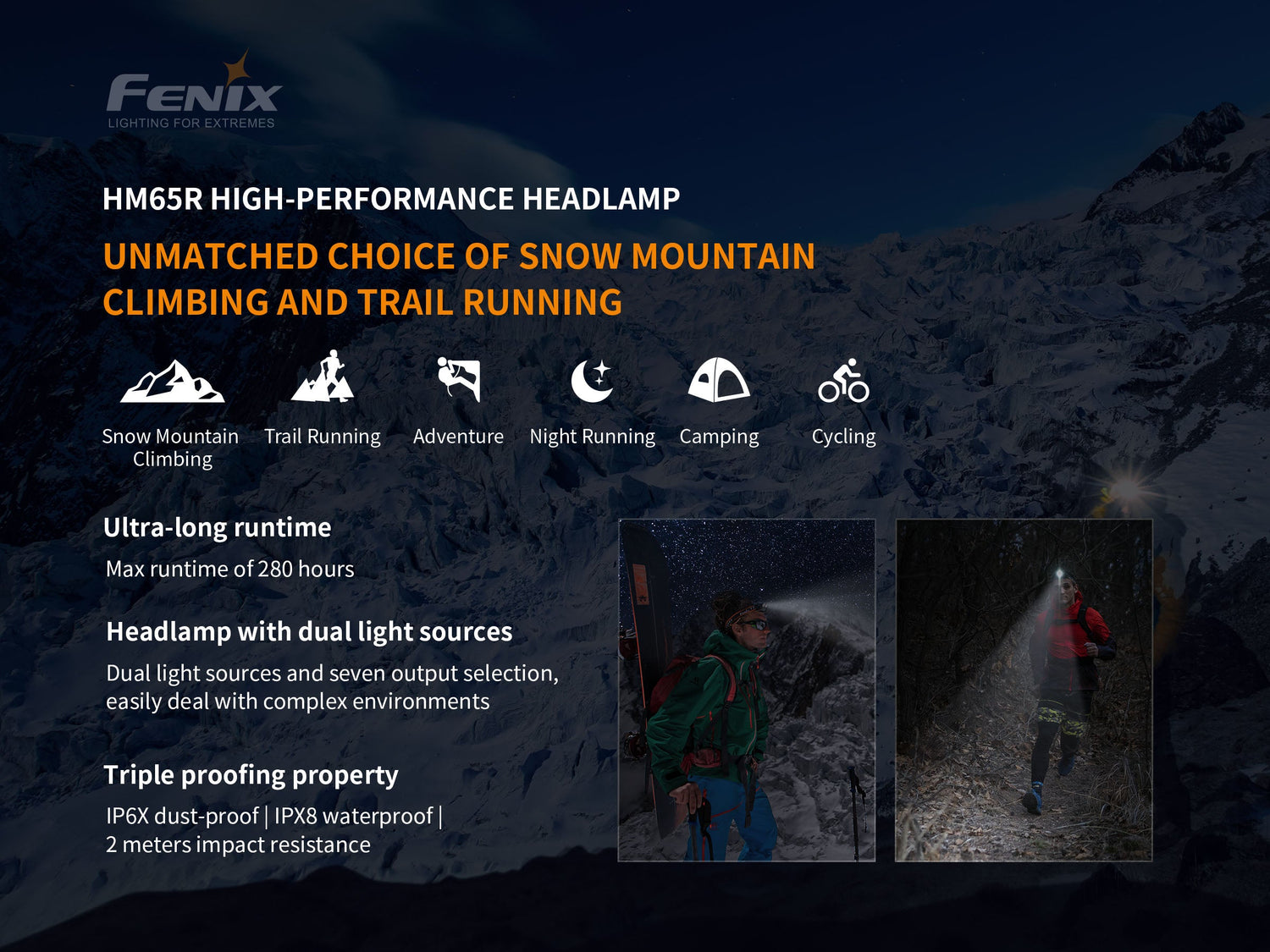 Fenix HM65R rechargeable LED headlamp with 1400 lumens, adjustable head strap, and focusable beam for outdoor activities