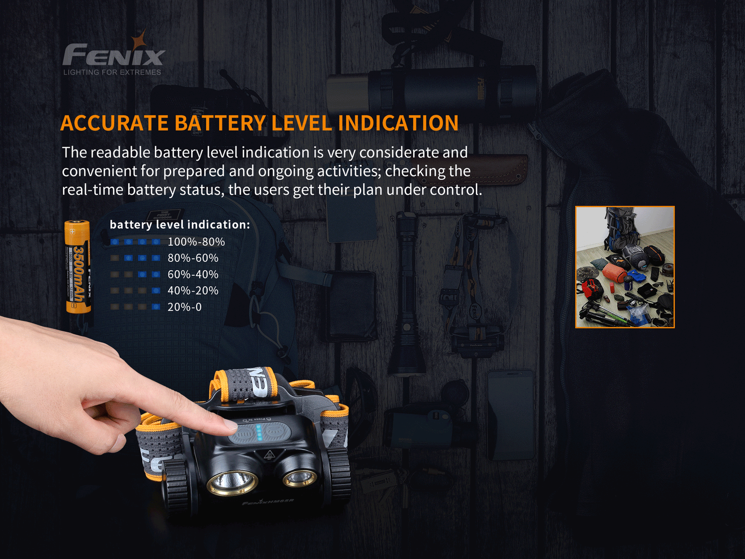 Fenix HM65R rechargeable LED headlamp with 1400 lumens, adjustable strap, and high-output light for outdoor activities.