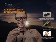 Fenix HM65R rechargeable LED headlamp with 1400 lumens, adjustable straps, and bright white light for outdoor activities.