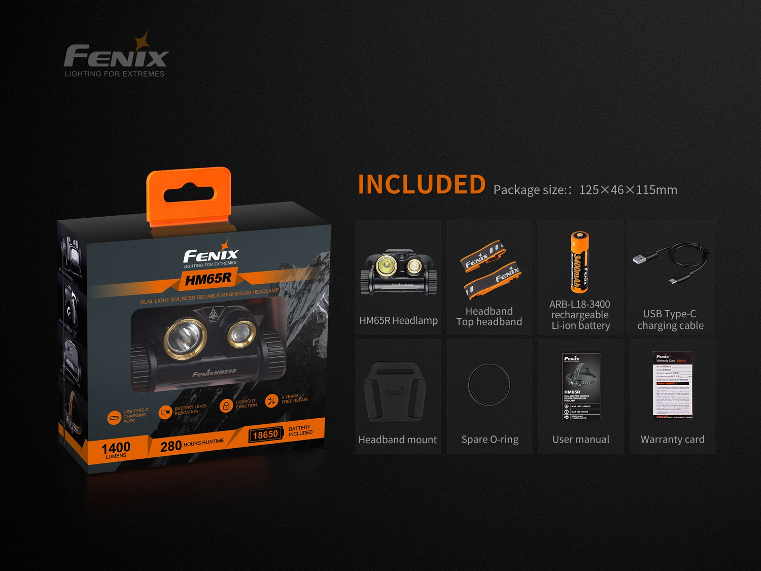 Fenix HM65R rechargeable LED headlamp with 1400 lumens, adjustable straps, and bright white light for outdoor activities
