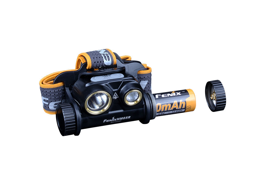 Fenix HM65R rechargeable LED headlamp with 1400 lumens, black headband and adjustable straps, ideal for outdoor activities and camping