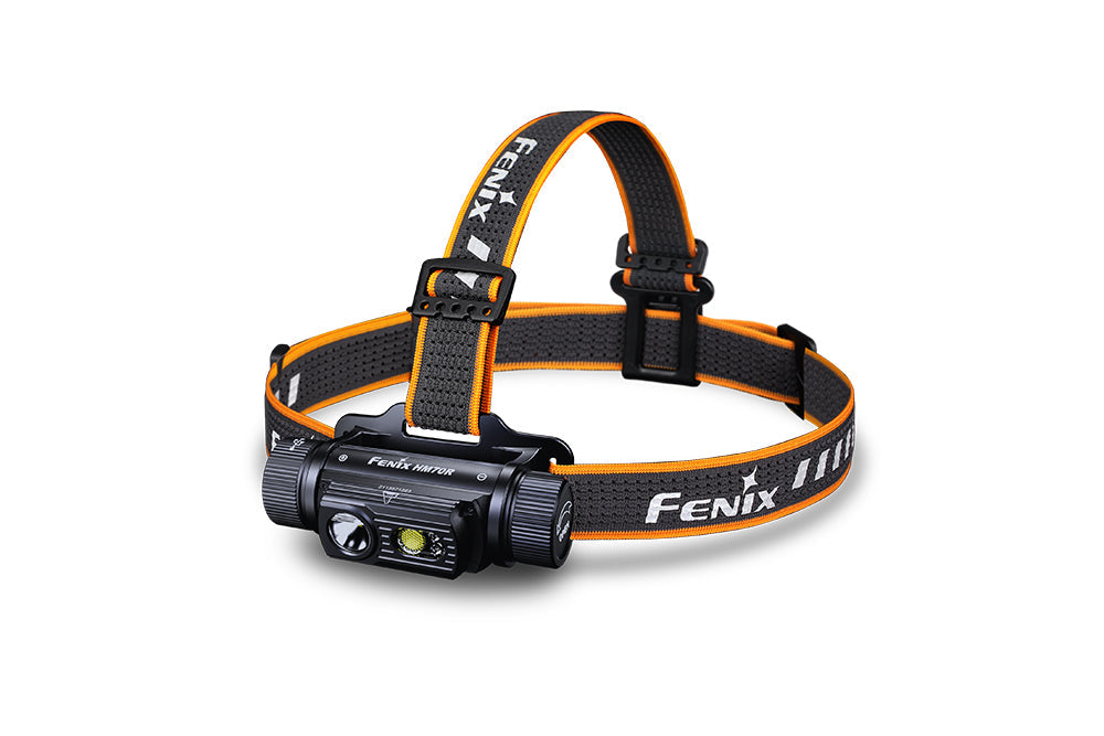 Fenix HM70R rechargeable LED headlamp with 1600 lumens, black headlamp with adjustable strap and high-intensity light for outdoor use.