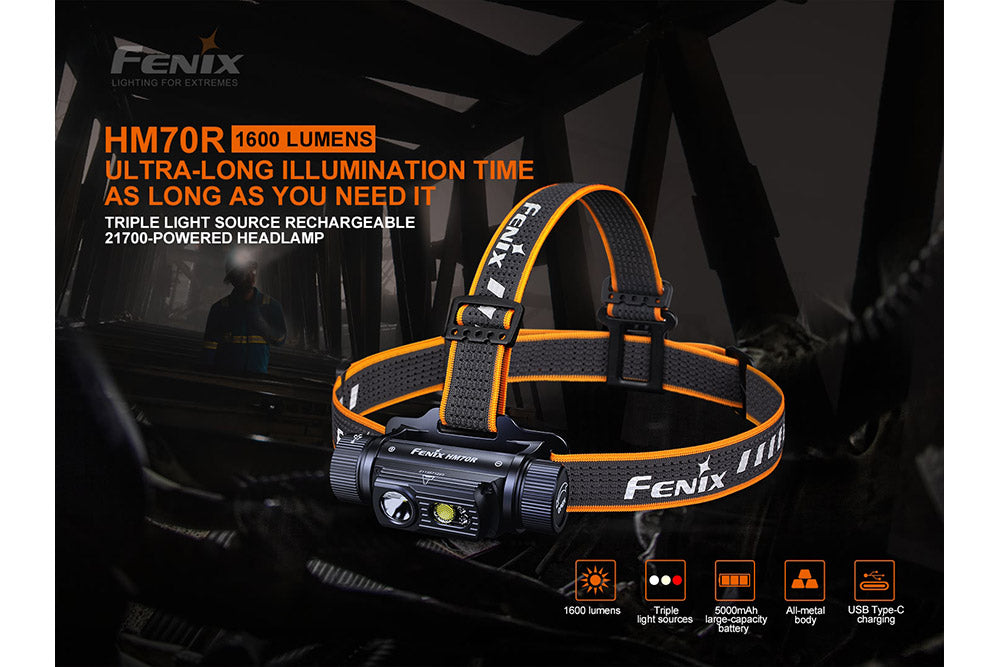 Fenix HM70R rechargeable LED headlamp with 1600 lumens, black headlamp with adjustable straps and bright light beam