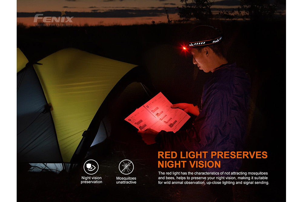 Fenix HM70R rechargeable LED headlamp with 1600 lumens, black headlamp worn on a person's head for outdoor activities