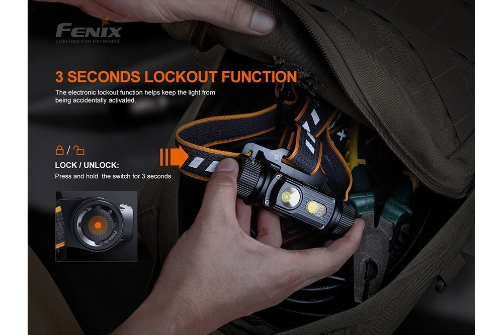 Fenix HM70R rechargeable LED headlamp with 1600 lumens, adjustable head strap, and durable design for outdoor activities.