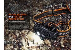 Fenix HM70R rechargeable LED headlamp with 1600 lumens, black headlamp with adjustable strap and high-intensity light in use