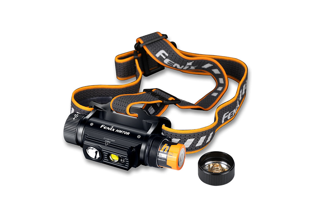 Fenix HM70R rechargeable LED headlamp with 1600 lumens, black headband, and adjustable straps for outdoor activities.