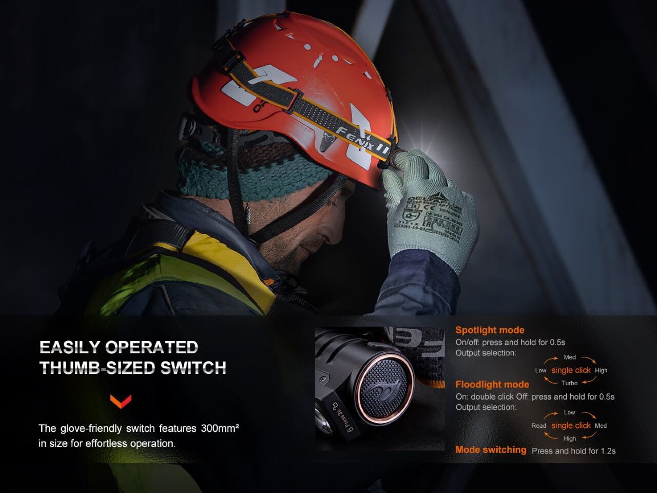 Fenix HM71R rechargeable industrial LED headlamp with adjustable straps and bright white light for hands-free illumination.