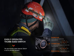 Fenix HM71R rechargeable industrial LED headlamp with adjustable straps and bright white light for hands-free illumination.