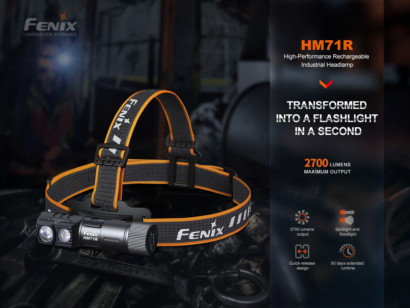 Fenix HM71R rechargeable industrial LED headlamp with adjustable strap and bright front light, worn on a person's head for hands-free illumination.