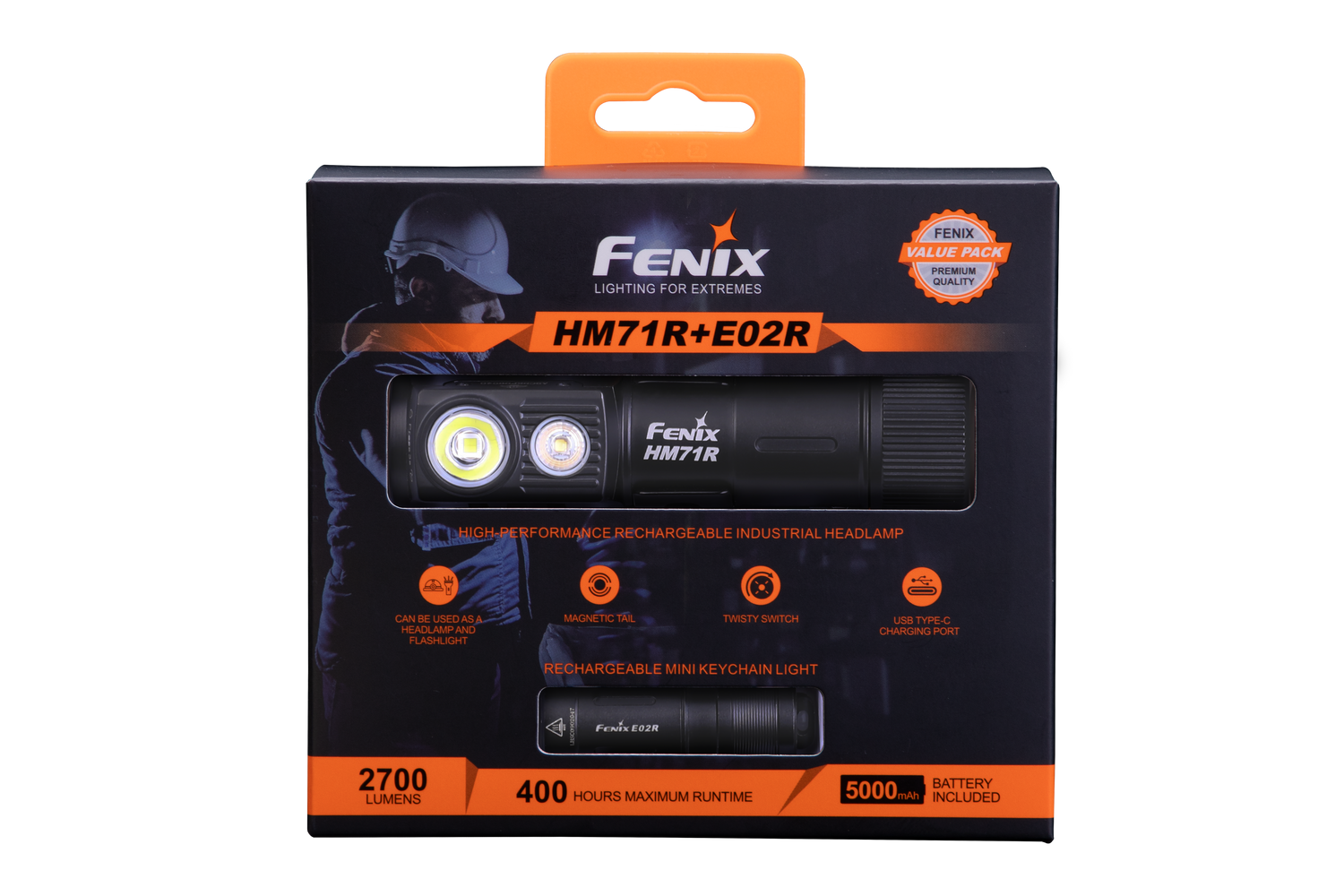 Fenix HM71R rechargeable industrial LED headlamp with adjustable straps and bright front light for outdoor and work use.