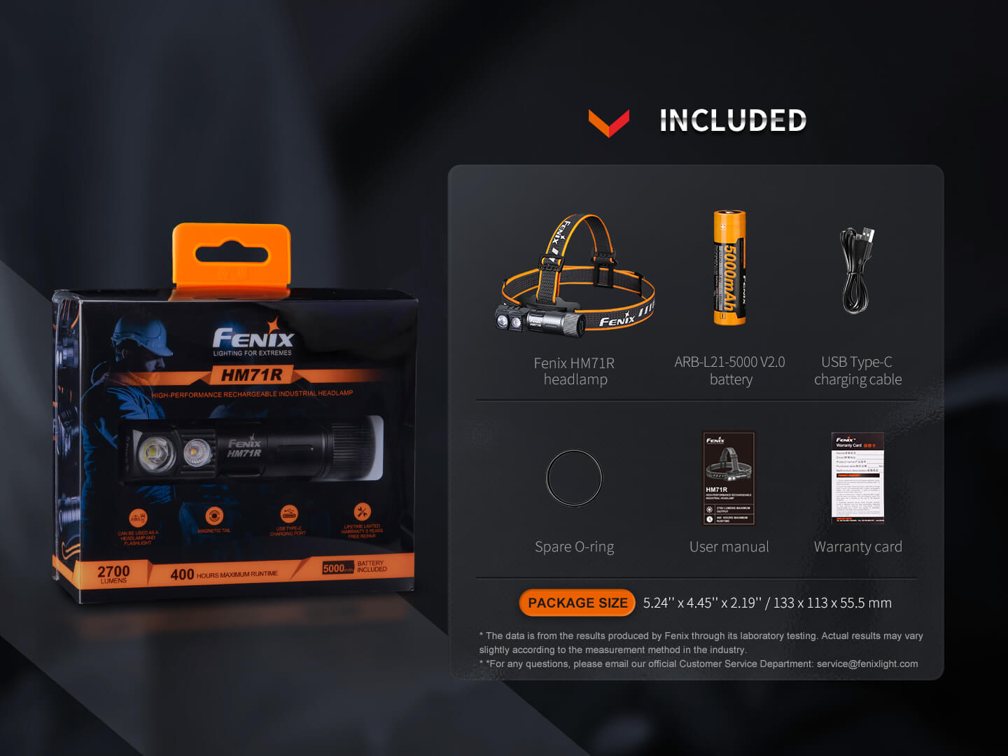 Fenix HM71R rechargeable industrial LED headlamp with adjustable straps and bright front light, worn on a person's head.