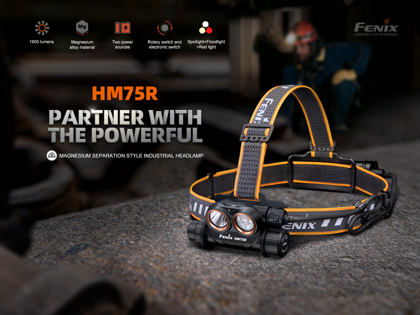 Fenix HM75R rechargeable industrial headlamp with 1600 lumens, adjustable straps, and bright LED light for outdoor and work use