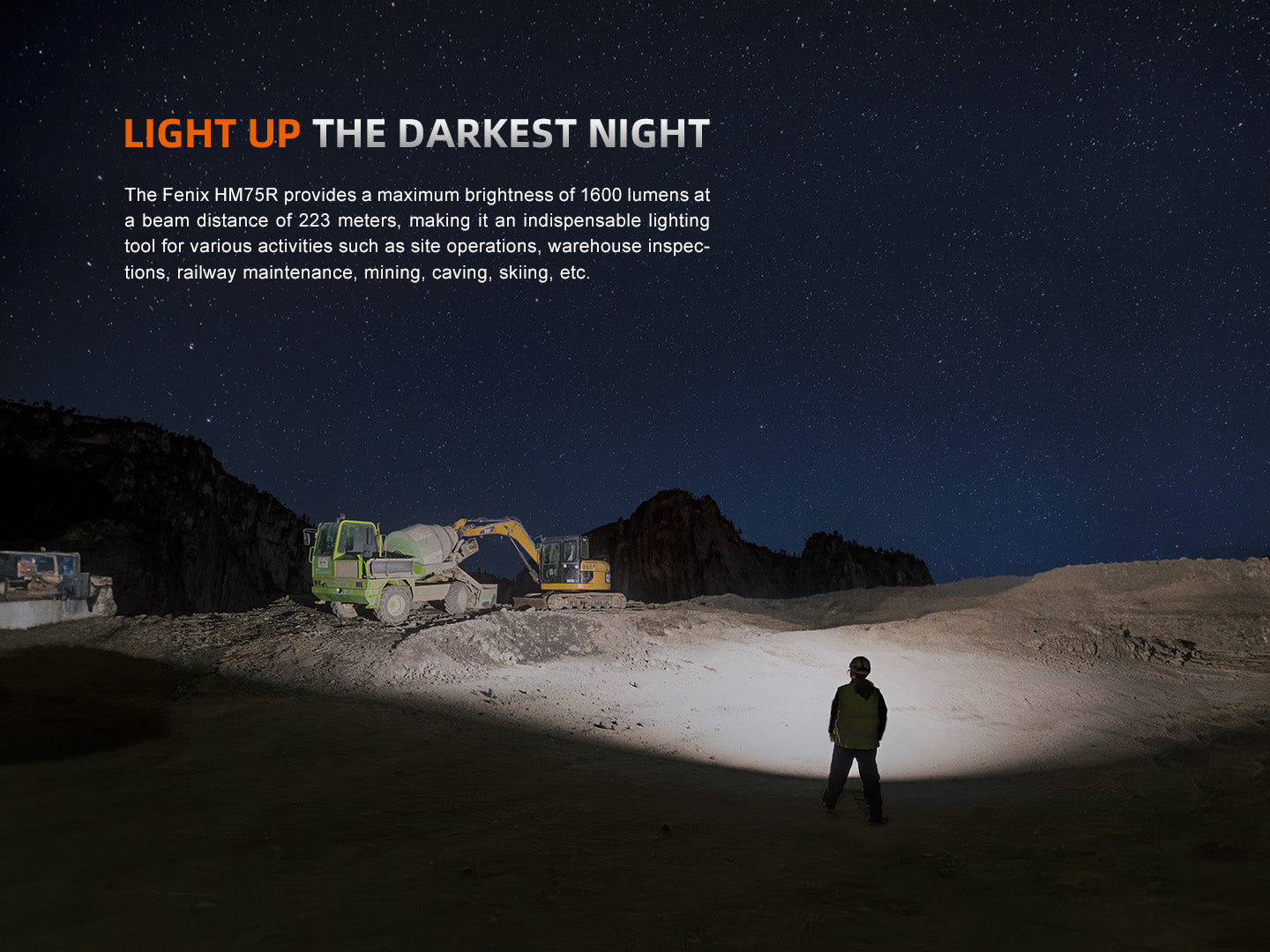 Fenix HM75R rechargeable industrial headlamp with 1600 lumens, adjustable strap, and durable design for outdoor and work use.