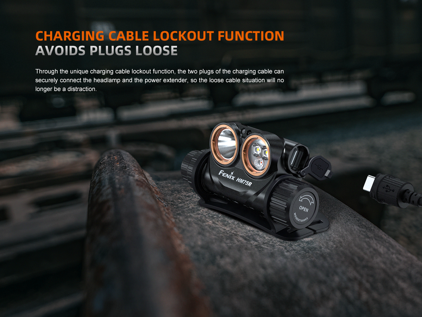 Fenix HM75R rechargeable industrial headlamp with 1600 lumens, adjustable straps, and durable design for outdoor and work use.