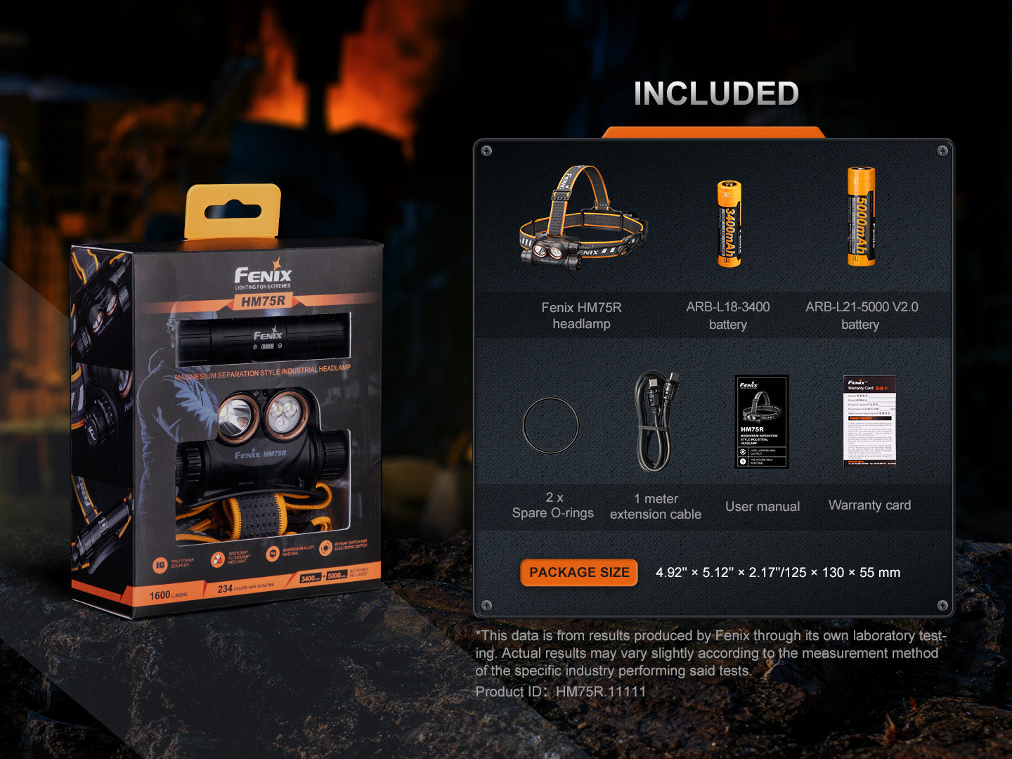 Fenix HM75R rechargeable industrial headlamp with 1600 lumens, black headlamp with adjustable strap and front LED light.