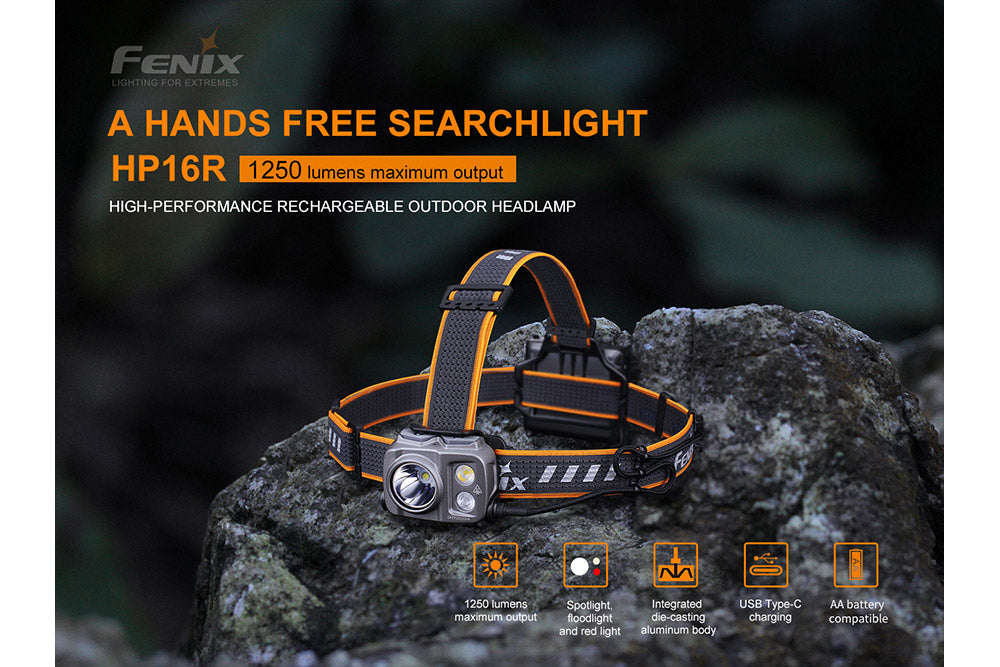 Fenix HP16R rechargeable headlamp emitting bright light, with adjustable strap and compact design for outdoor activities.