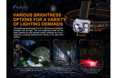 Fenix HP16R rechargeable headlamp with 1250 lumens, adjustable head strap, and front light in black for outdoor activities.