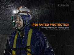 Fenix HP16R rechargeable headlamp emitting bright light, with adjustable strap and LED light source, designed for outdoor use.