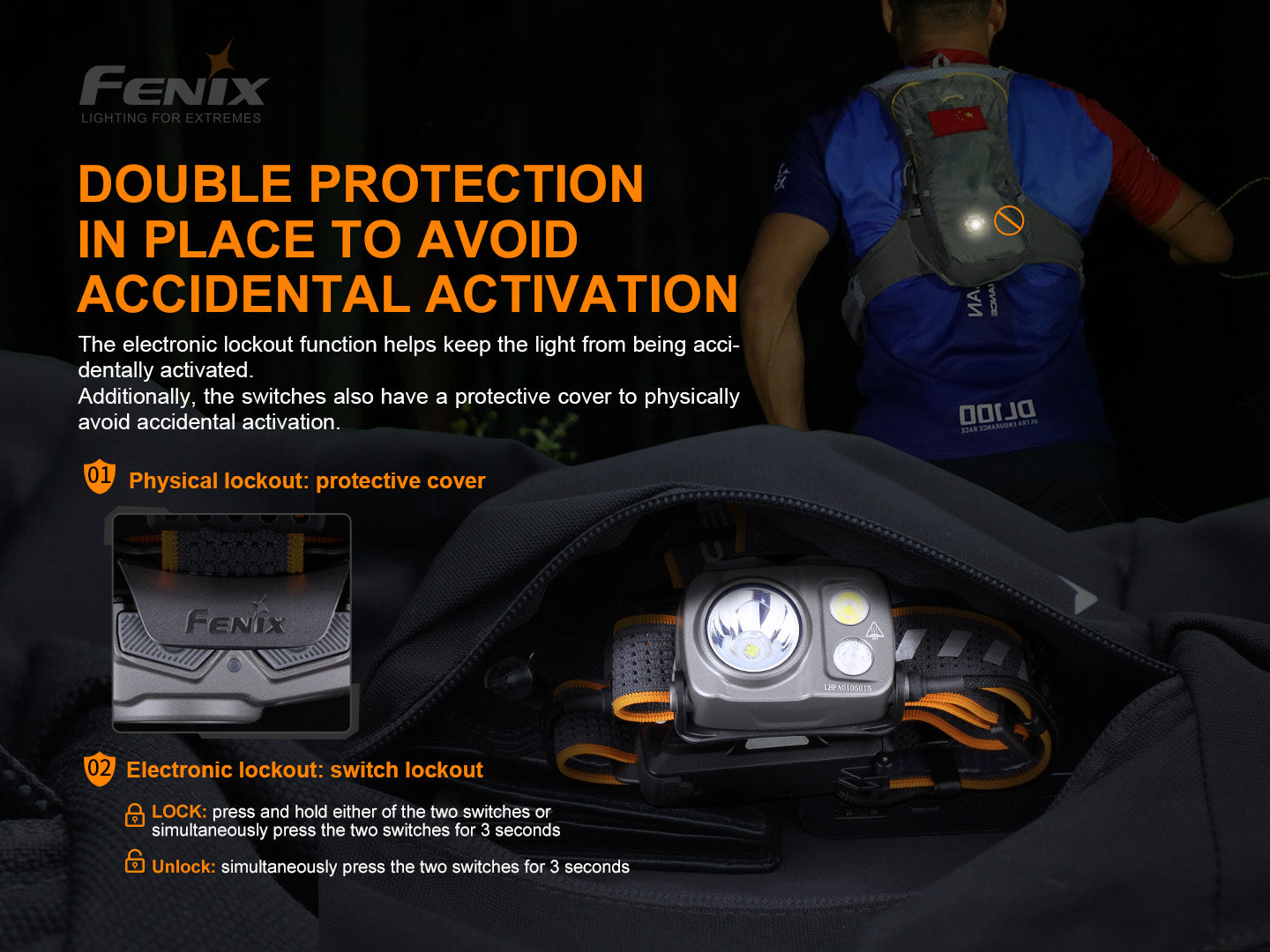 Fenix HP16R rechargeable headlamp with 1250 lumens, adjustable strap, and durable design for outdoor and work use.