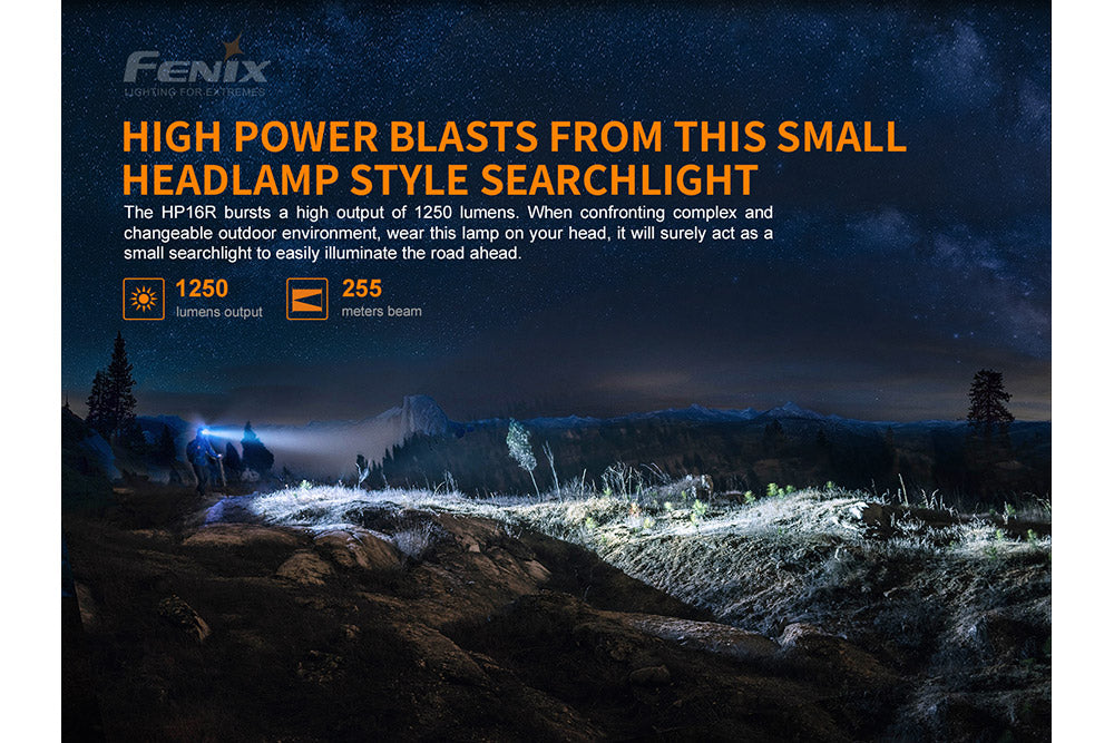 Fenix HP16R rechargeable headlamp with 1250 lumens, black headlamp with adjustable strap and bright LED light for outdoor activities