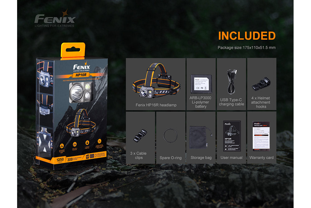 Fenix HP16R rechargeable headlamp with 1250 lumens, adjustable strap, and bright LED light for outdoor activities.
