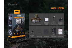 Fenix HP16R rechargeable headlamp with 1250 lumens, adjustable strap, and bright LED light for outdoor activities.