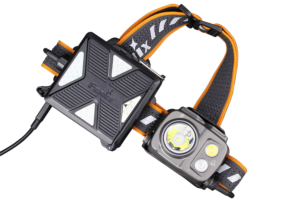 Fenix HP16R rechargeable headlamp with 1250 lumens, adjustable strap, and bright LED light for outdoor activities.