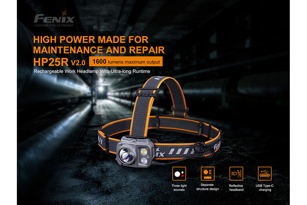 Fenix HP25R V2.0 headlamp with 1600 lumens, adjustable straps, and a durable design for outdoor and hands-free lighting.