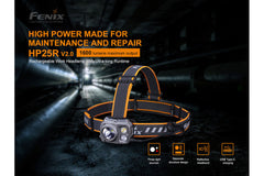 Fenix HP25R V2.0 headlamp with 1600 lumens, adjustable straps, and a durable design for outdoor and hands-free lighting.