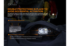 Fenix HP25R V2.0 headlamp with 1600 lumens, adjustable strap, and rechargeable battery for outdoor and work activities.