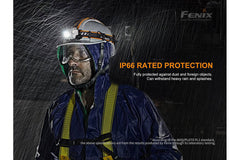 Fenix HP25R V2.0 headlamp with 1600 lumens, adjustable strap, and durable design for outdoor and work activities.