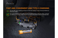 Fenix HP25R V2.0 headlamp with 1600 lumens, adjustable strap, and rechargeable battery, designed for outdoor and work use
