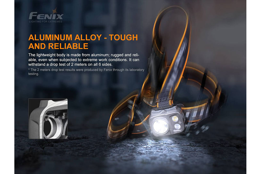 Fenix HP25R V2.0 headlamp with 1600 lumens, adjustable strap, and durable design for outdoor activities and night adventures.